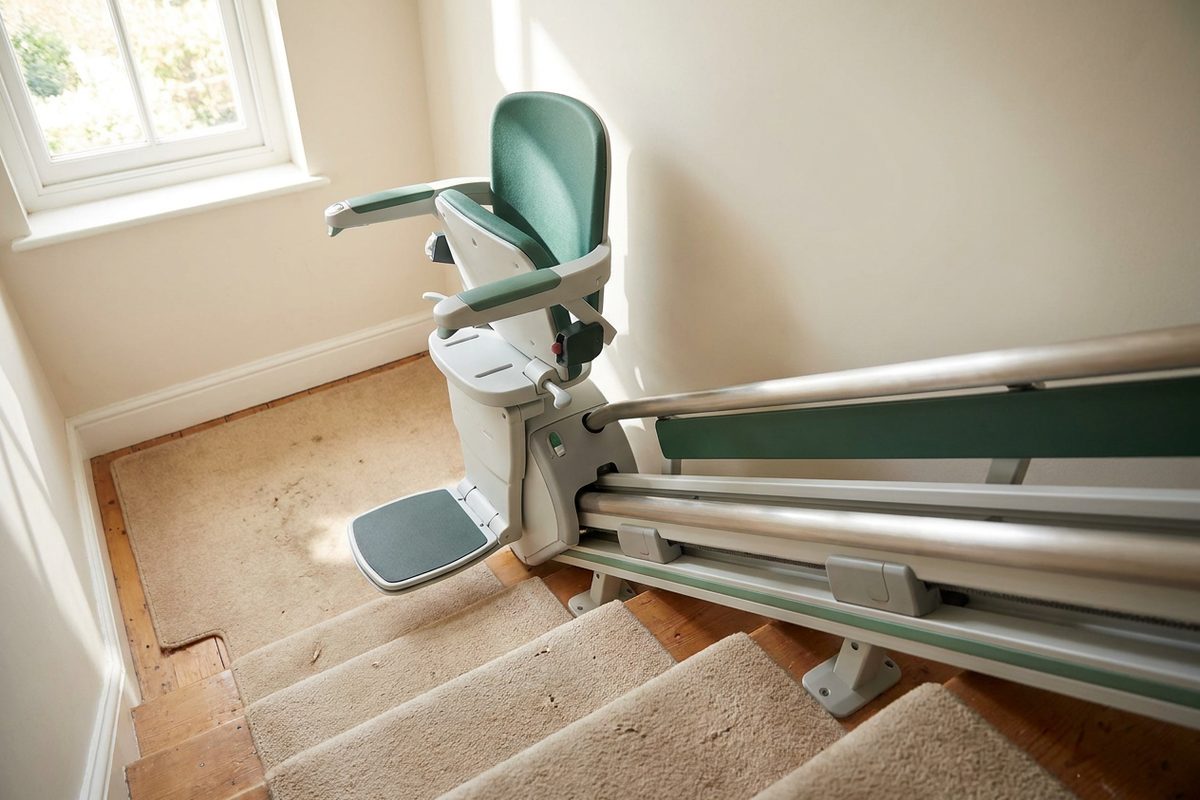 Installed straight stairlift with the seat folded at the top of a home staircase